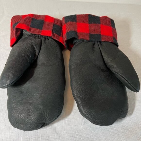 HIDES IN HAND Deerskin Black Leather Mittens with Red Plaid Cuff Small Medium - Picture 4 of 8